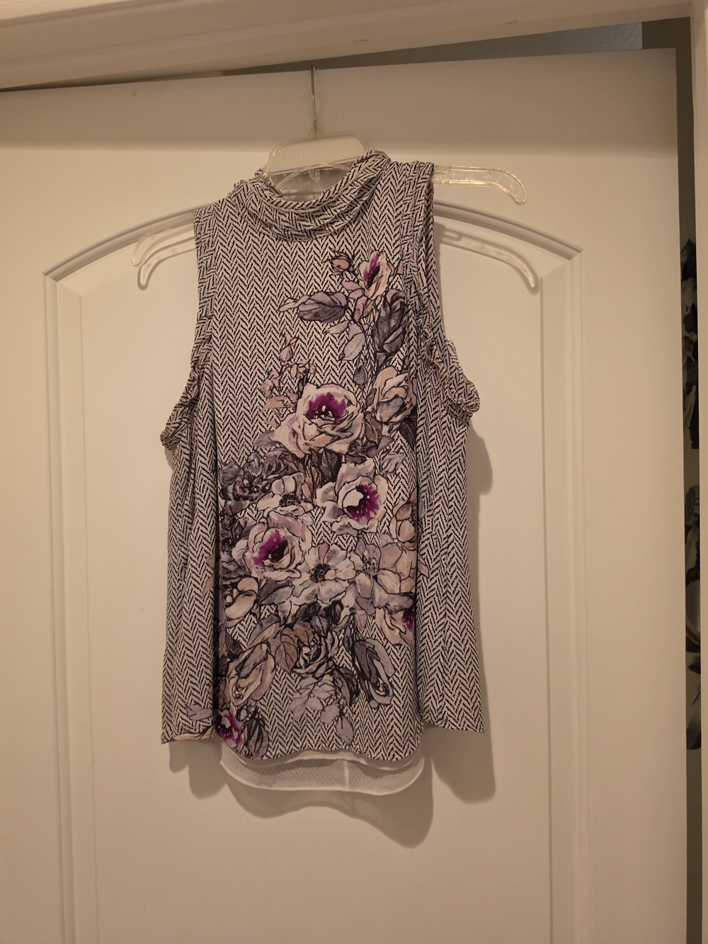 White House Black Market Grey Chevron Mock Neck Tank with Maroon Floral Print